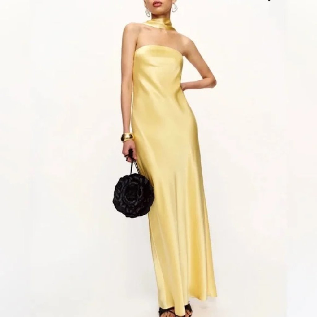 Reformation Satin Strapless Maxi Dress In Yellow